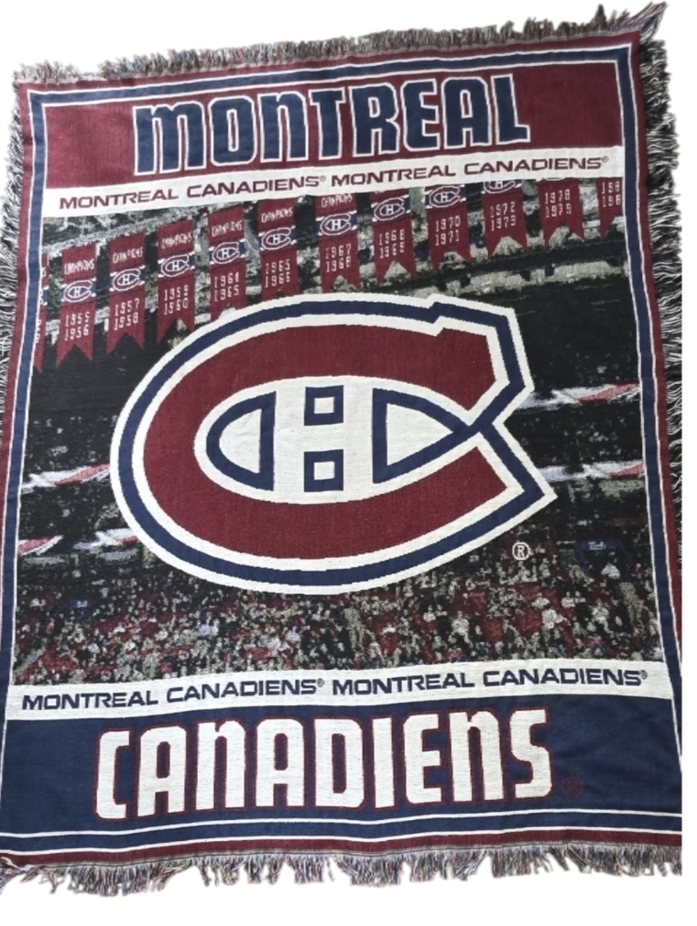 Montreal Canadiens Woven Tapestry Throw Blanket NHL Logo Fringe Stadium Graphic